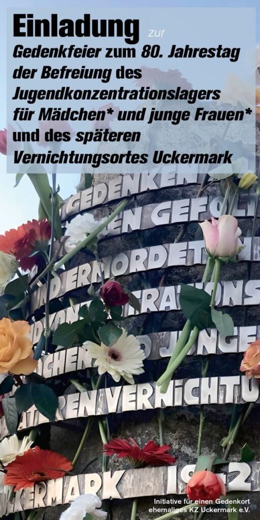 Flyer der Befreiungsfeier; Hintergrundbild vom Gedenkstein mit bunten Blumen